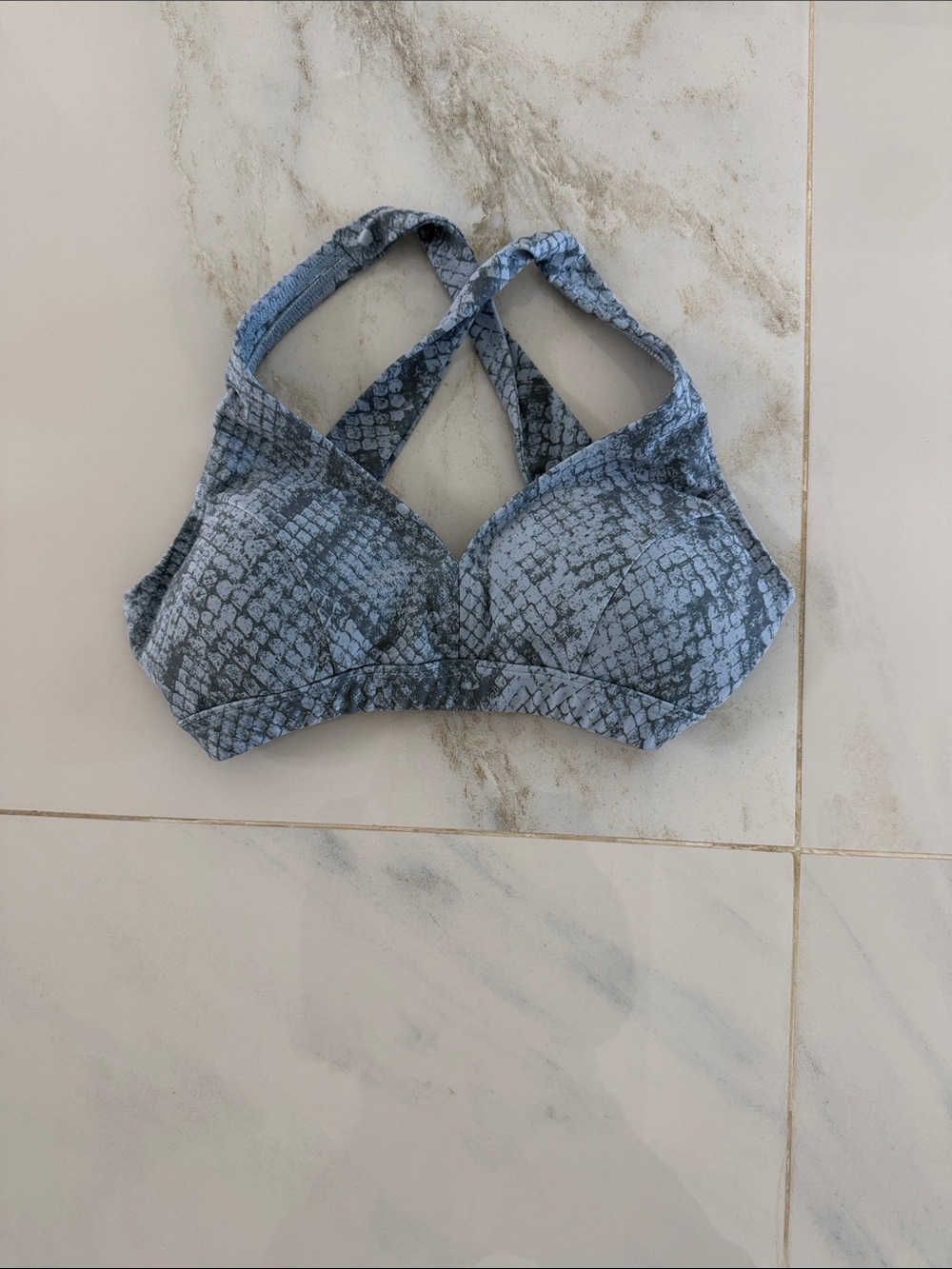 Snake-Print Cross-Back Bralette in Slate Blue